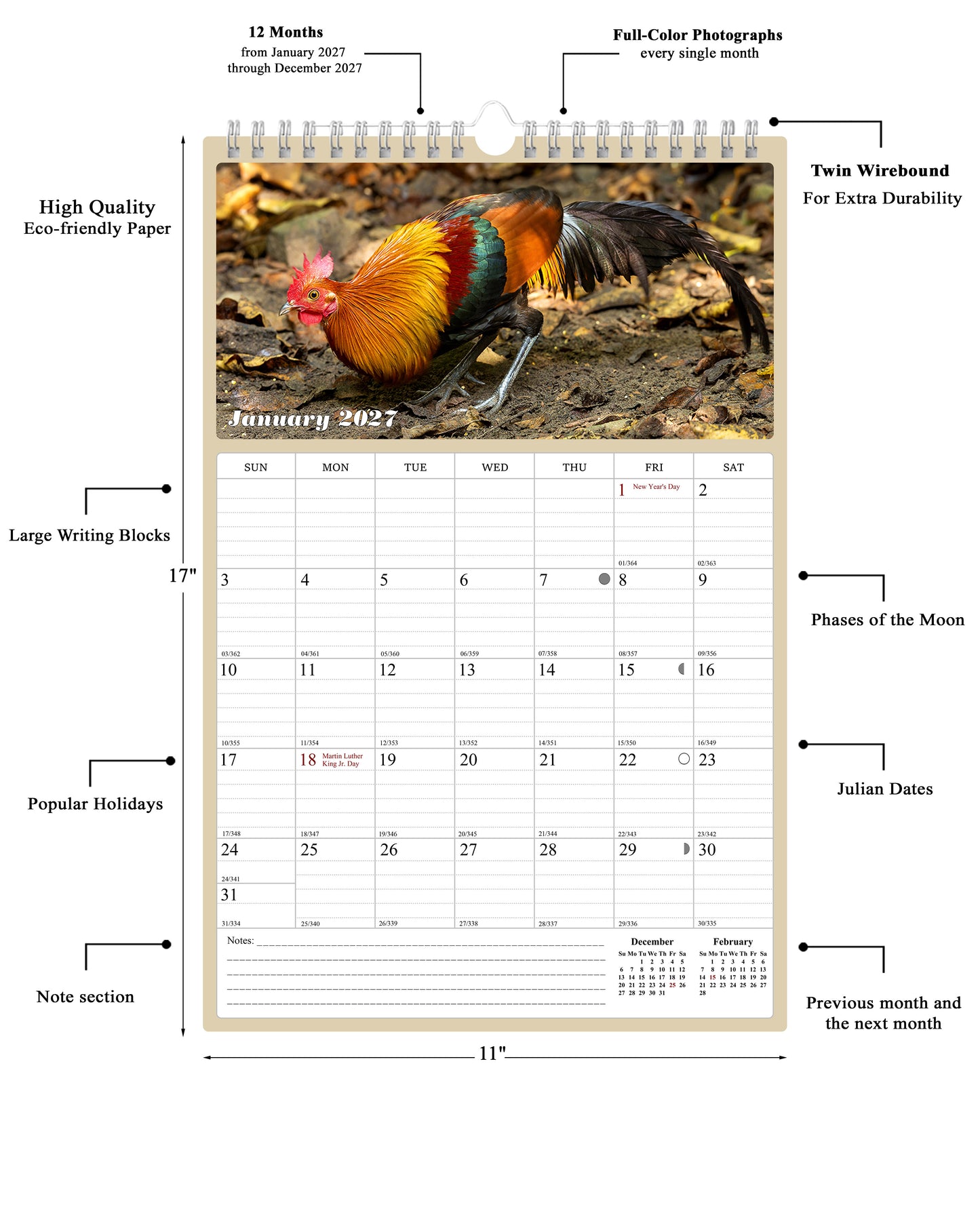 2027 Wall Calendar Spiral-bound Twin-Wire Binding - 12 Months Planner - Large Ruled Blocks with Julian Dates - (Roosters)