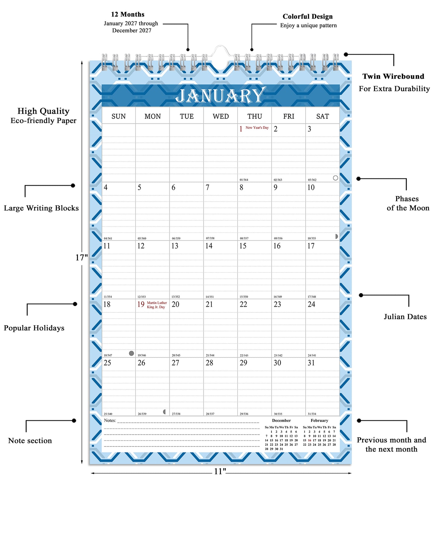 2027 Wall Calendar Spiral-Bound Twin-Wire Binding - 12 Months  03