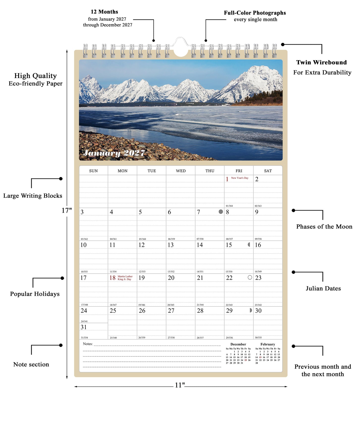 2027 Wall Calendar Spiral-bound Twin-Wire Binding - 12 Months Planner - Large Ruled Blocks with Julian Dates - (National Parks)