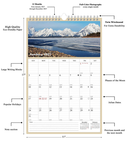 2027 Wall Calendar Spiral-bound Twin-Wire Binding - 12 Months Planner - Large Ruled Blocks with Julian Dates - (National Parks)