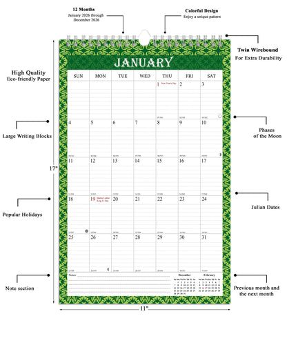 2026 Wall Calendar Spiral-Bound Twin-Wire Binding - 12 Months  13