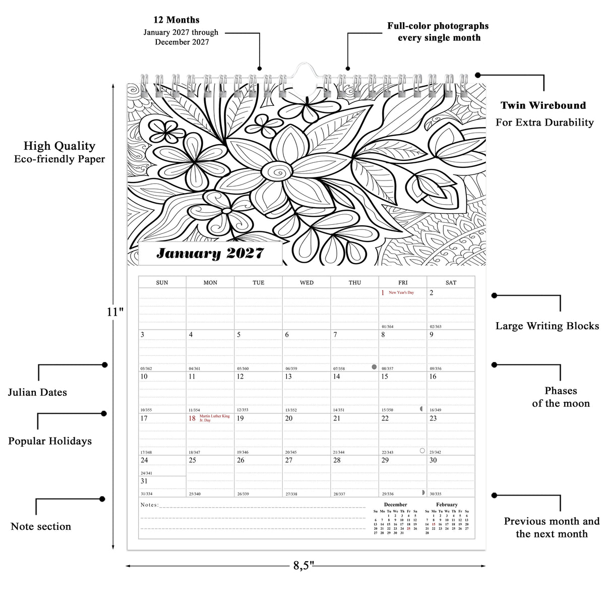 2027 Wall Coloring Calendar Spiral-bound Twin-Wire Binding - 12 Months Planner - Large Ruled Blocks with Julian Dates - (Flowers)