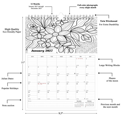 2027 Wall Coloring Calendar Spiral-bound Twin-Wire Binding - 12 Months Planner - Large Ruled Blocks with Julian Dates - (Flowers)