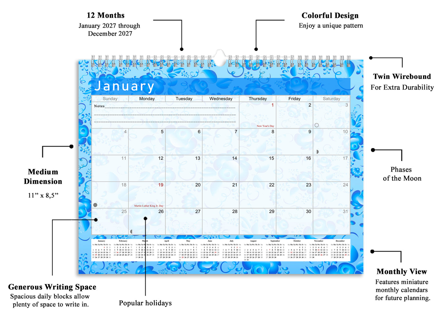 2026-2027 Monthly Spiral-Bound Wall / Desk Calendar - Desktop / Wall Blotter Calendar / Planner - (Edition #19)