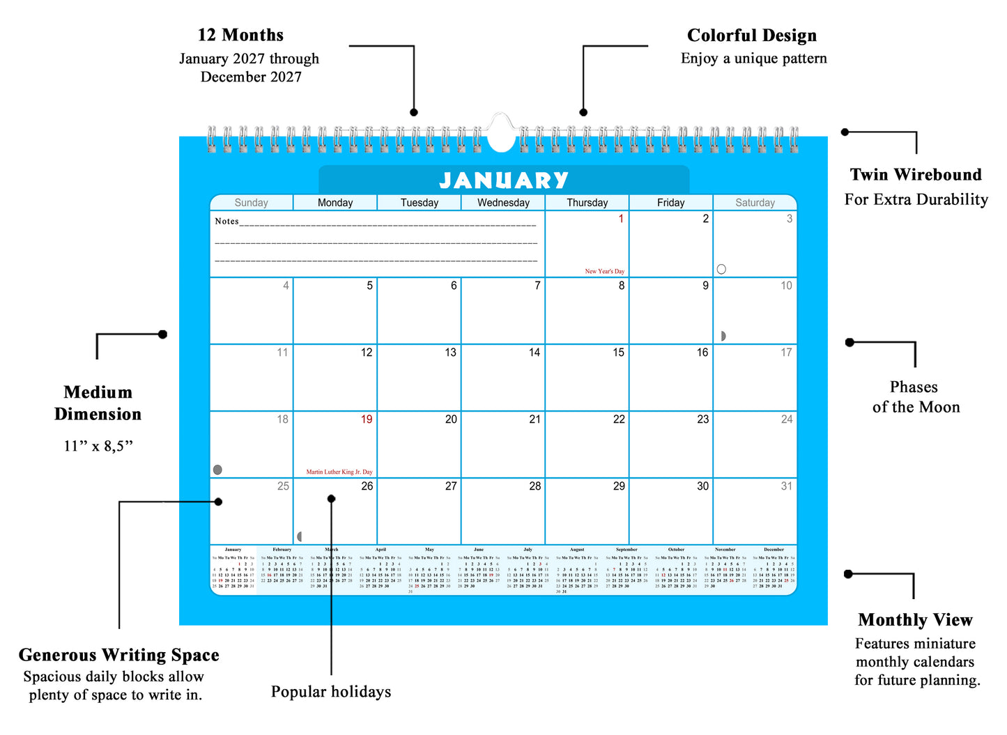 2026-2027 Monthly Spiral-Bound Wall / Desk Calendar - Desktop / Wall Blotter Calendar / Planner - (Edition #07)