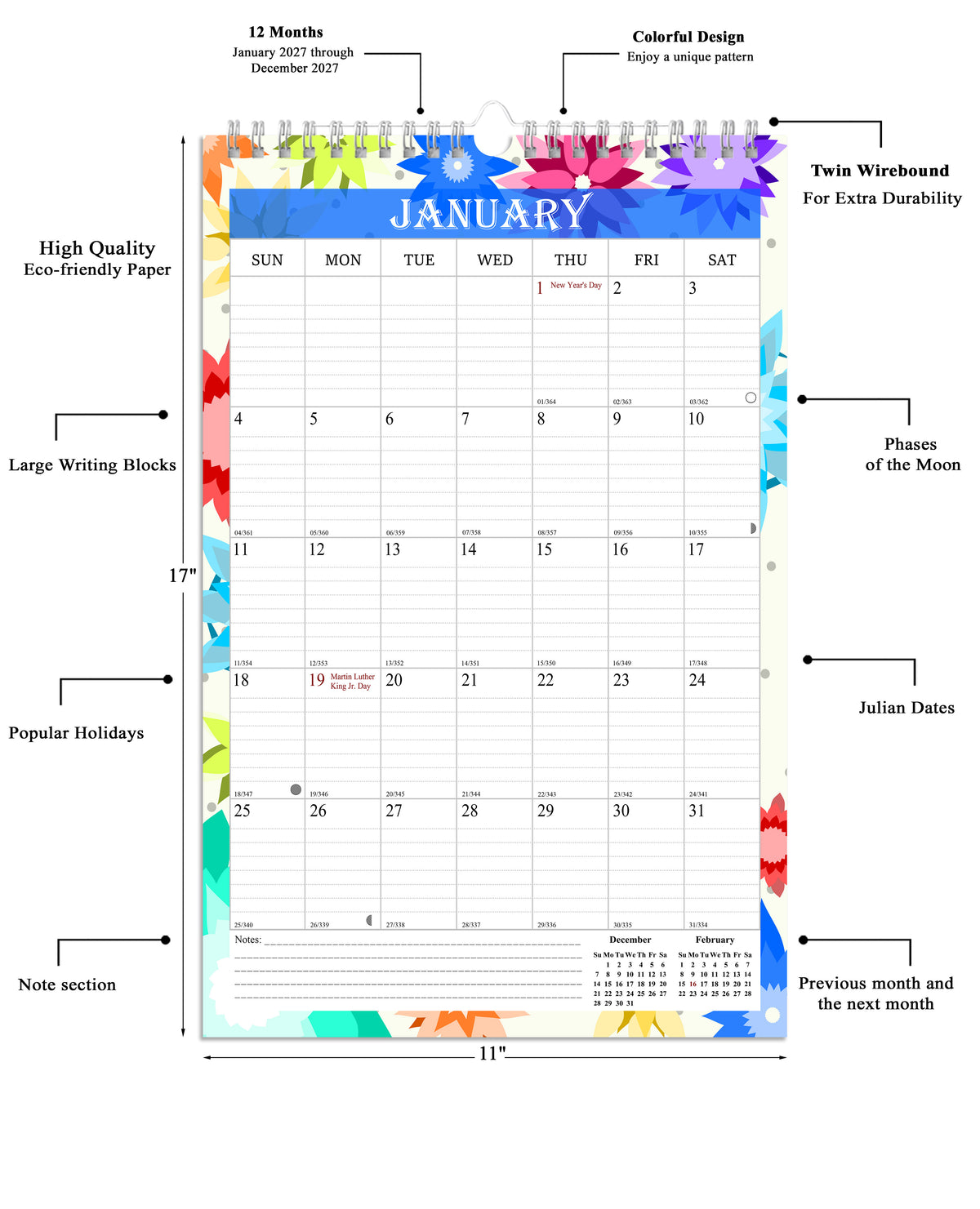 2027 Wall Calendar Spiral-Bound Twin-Wire Binding - 12 Months  05
