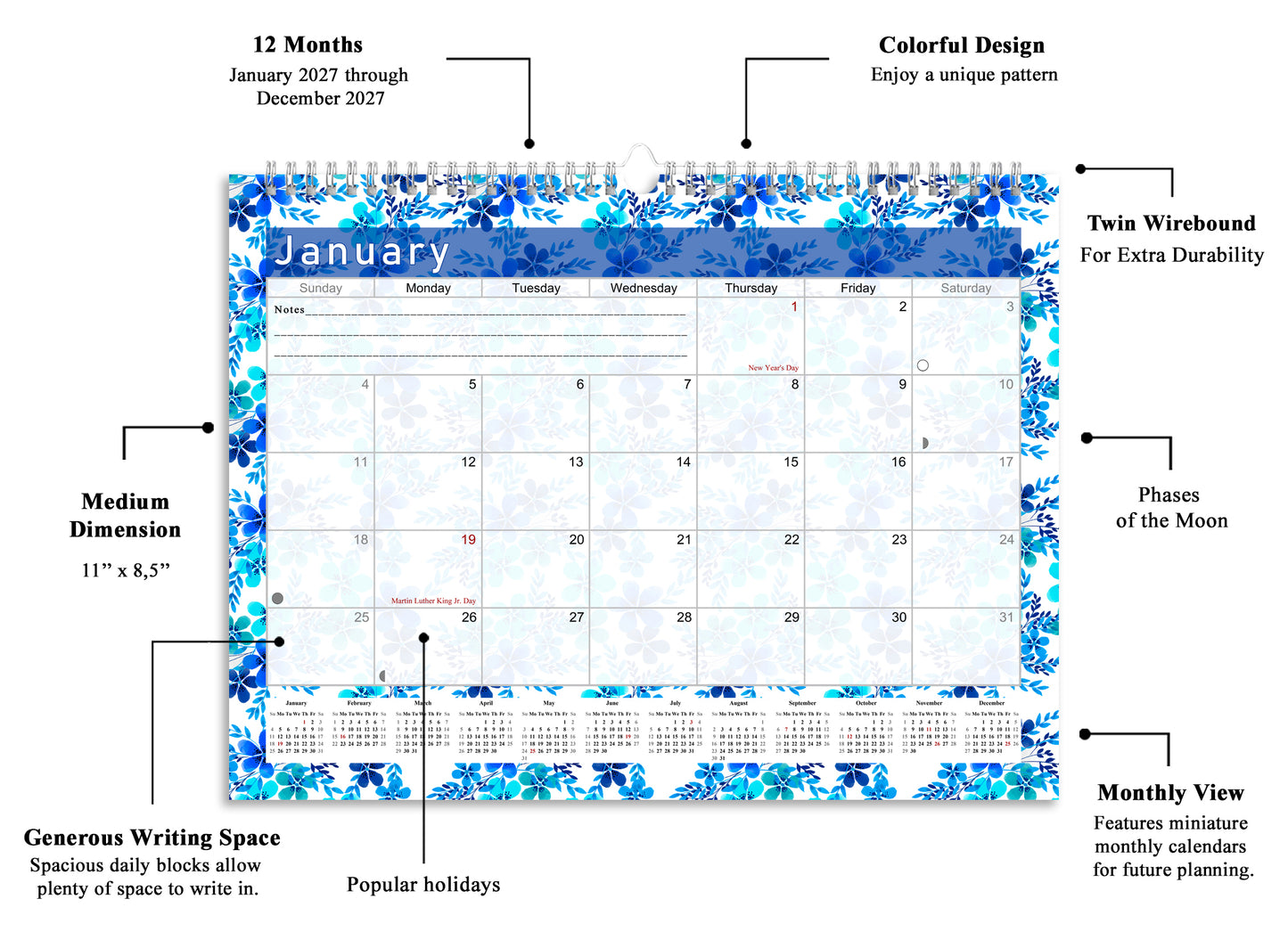 2026-2027 Monthly Spiral-Bound Wall / Desk Calendar - Desktop / Wall Blotter Calendar / Planner - (Edition #22)