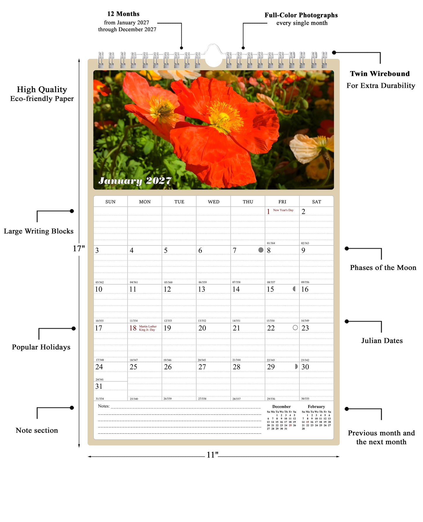 2027 Wall Calendar Spiral-bound Twin-Wire Binding - 12 Months Planner - Large Ruled Blocks with Julian Dates - (Flowers)