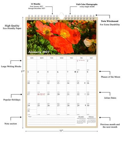 2027 Wall Calendar Spiral-bound Twin-Wire Binding - 12 Months Planner - Large Ruled Blocks with Julian Dates - (Flowers)