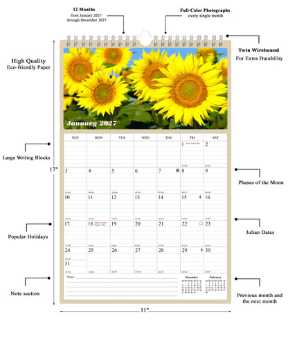 2027 Wall Calendar Spiral-bound Twin-Wire Binding - 12 Months Planner - Large Ruled Blocks with Julian Dates - (Sunflowers)