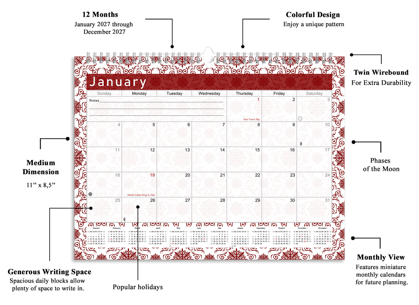2026-2027 Monthly Spiral-Bound Wall / Desk Calendar - Desktop / Wall Blotter Calendar / Planner - (Edition #14)