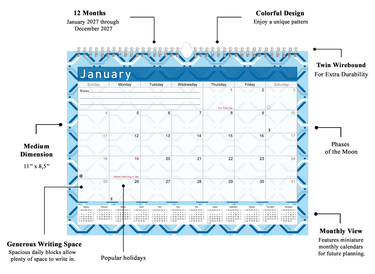 2026-2027 Monthly Spiral-Bound Wall / Desk Calendar - Desktop / Wall Blotter Calendar / Planner - (Edition #04)