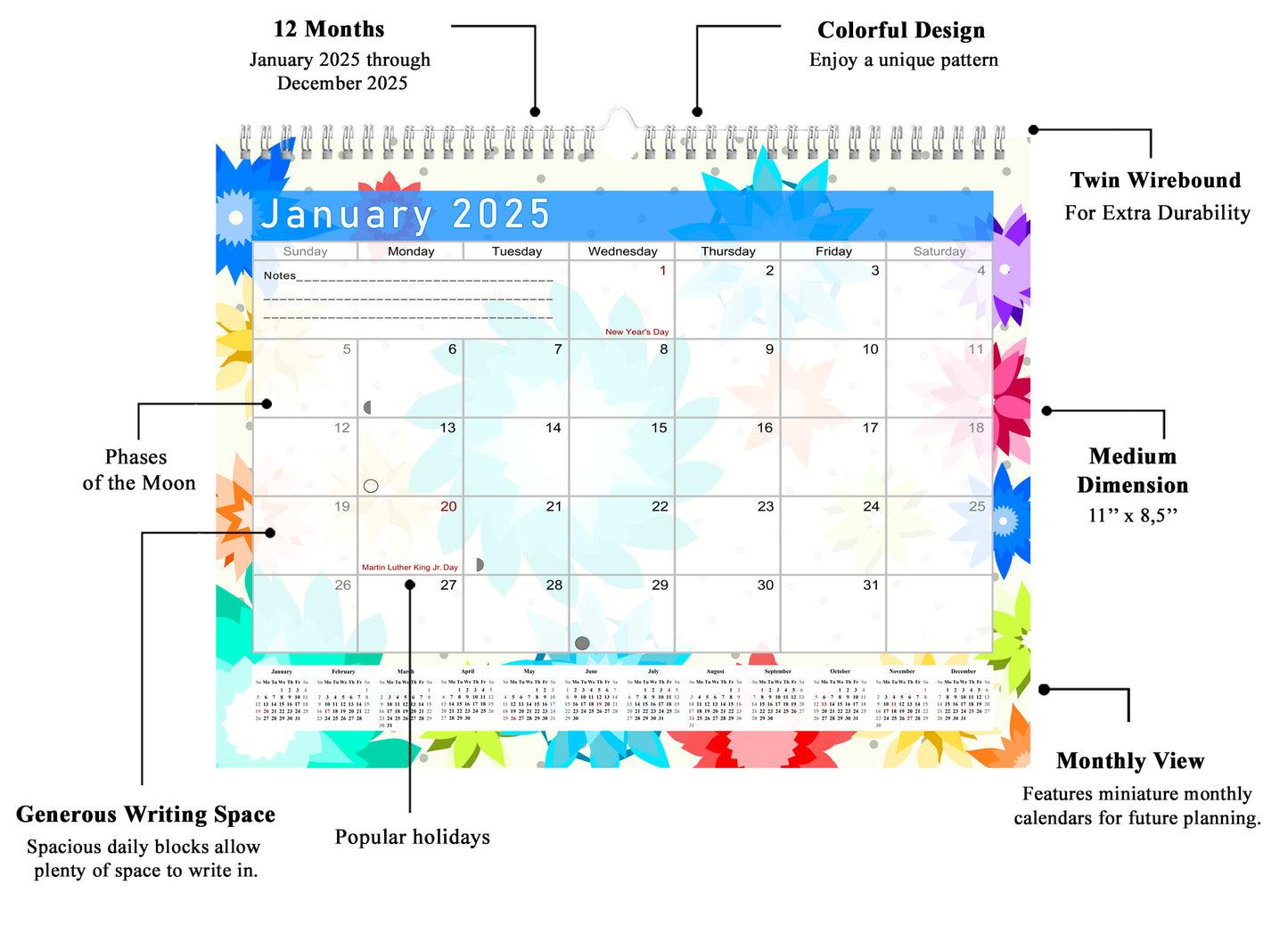 2024-2025 Monthly Spiral-Bound Wall / Desk Calendar -  Desktop / Wall Blotter Calendar / Planner - (Edition #01)