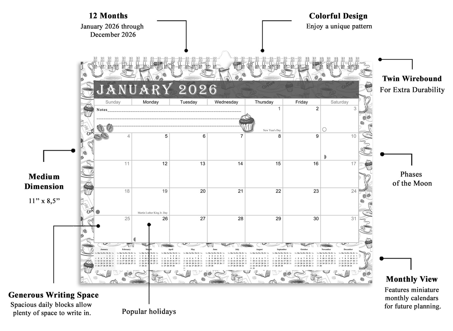 2025-2026 Monthly Spiral-Bound Wall/Desk Calendar - Desktop/Wall Blotter Calendar/Planner - (Edition B&W #030)
