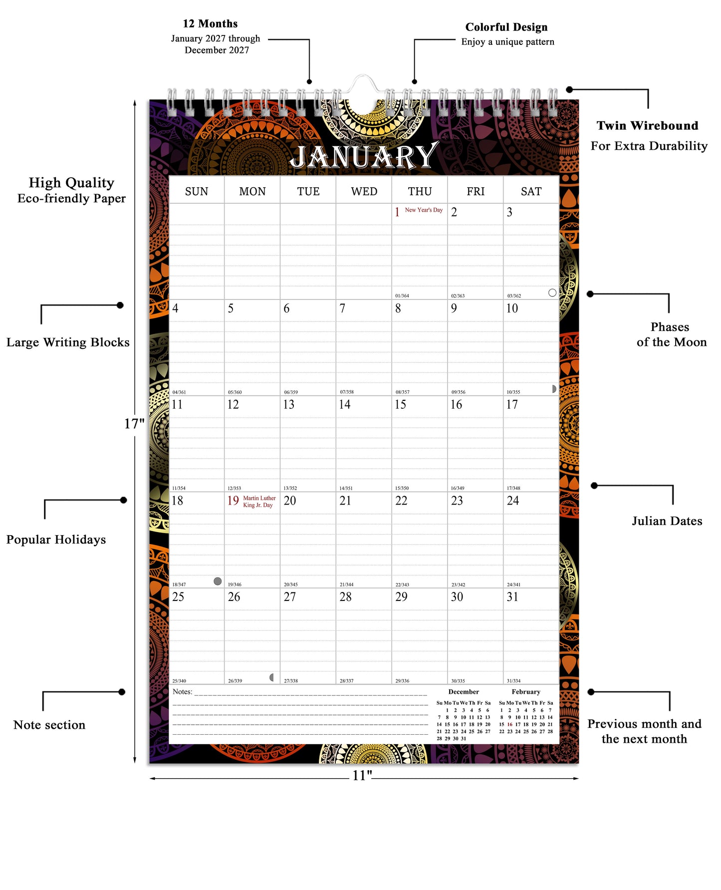 2027 Wall Calendar Spiral-Bound Twin-Wire Binding - 12 Months  09