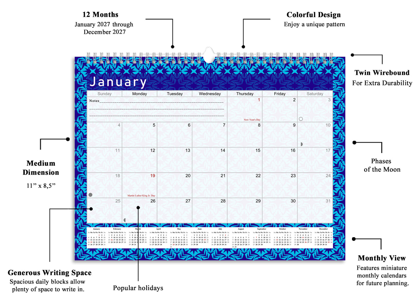 2026-2027 Monthly Spiral-Bound Wall / Desk Calendar - Desktop / Wall Blotter Calendar / Planner - (Edition #17)