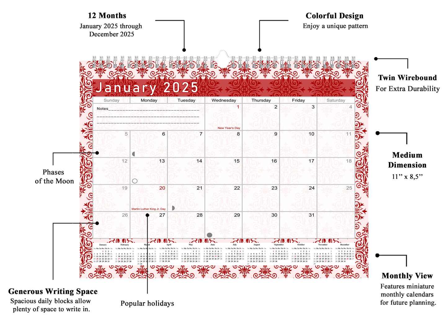 2024-2025 Monthly Spiral-Bound Wall / Desk Calendar - Desktop / Wall Blotter Calendar / Planner - (Edition #05)