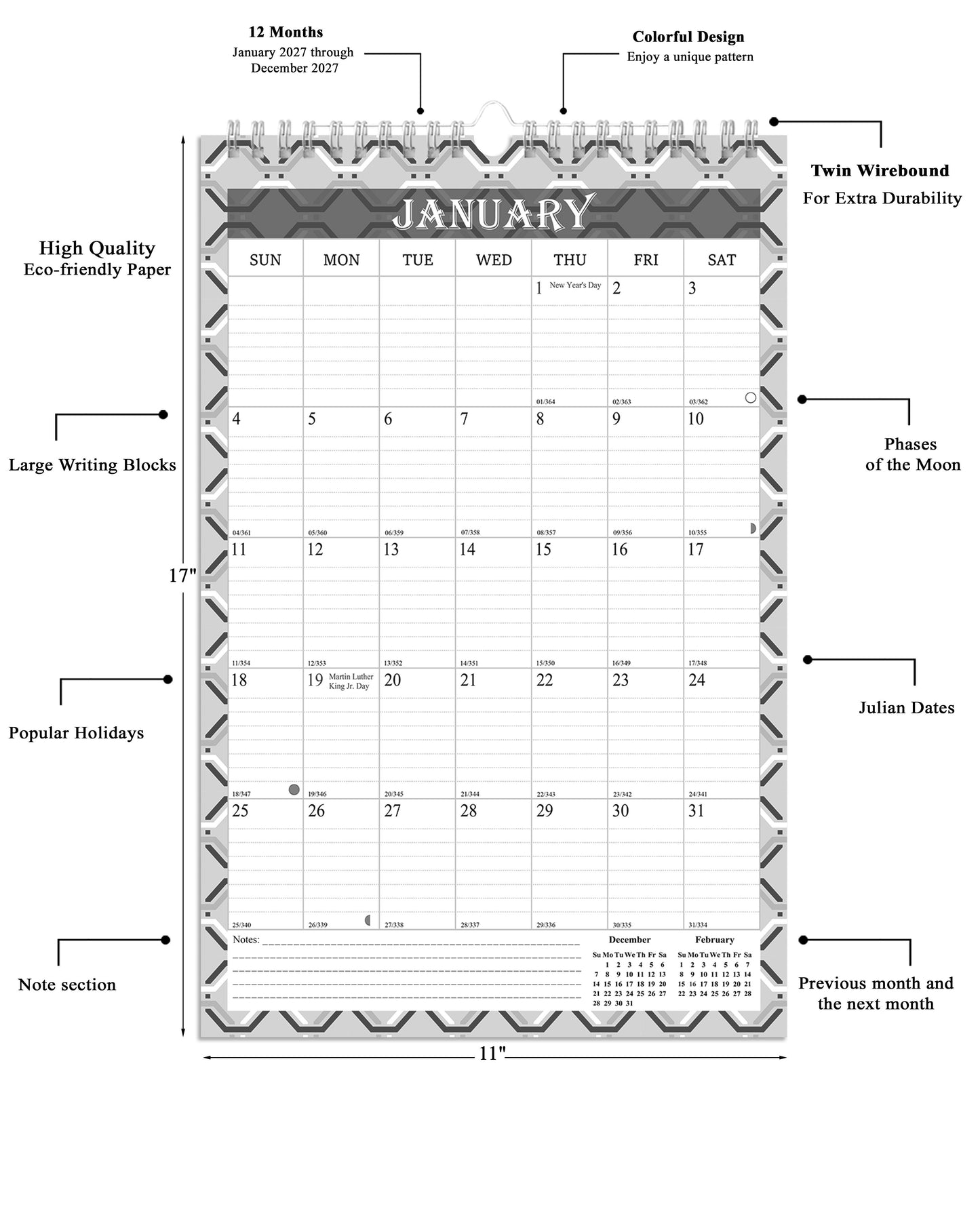 2027 Wall Calendar Spiral-Bound Twin-Wire Binding - 12 Months 03 B&W