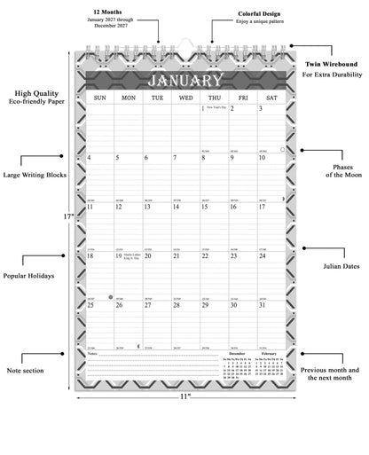 2027 Wall Calendar Spiral-Bound Twin-Wire Binding - 12 Months 03 B&W
