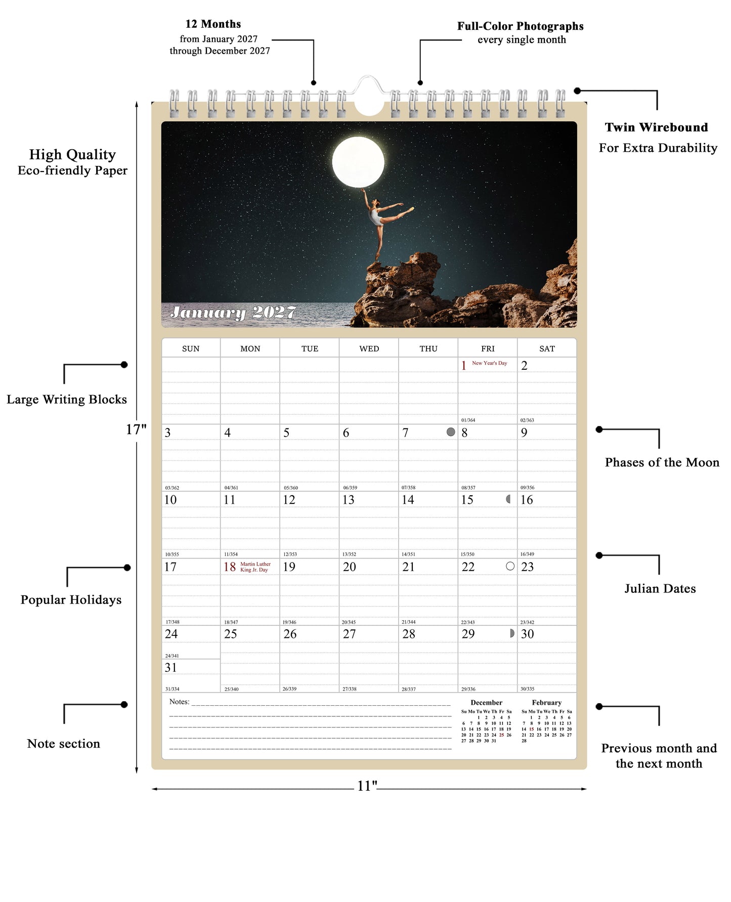 2027 Wall Calendar Spiral-bound Twin-Wire Binding - 12 Months Planner - Large Ruled Blocks with Julian Dates - (Lunar)