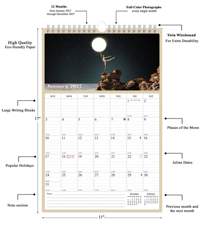 2027 Wall Calendar Spiral-bound Twin-Wire Binding - 12 Months Planner - Large Ruled Blocks with Julian Dates - (Lunar)