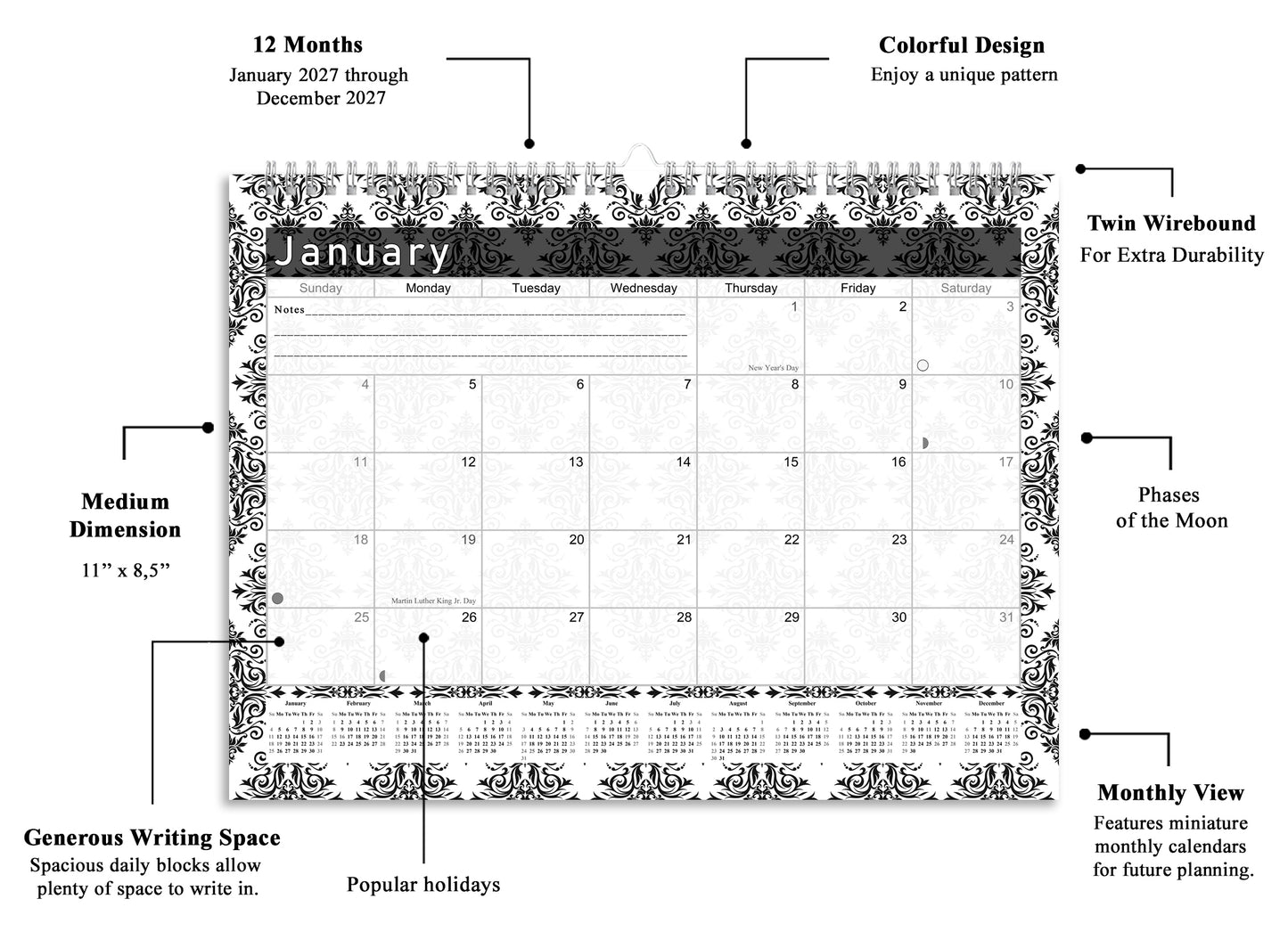 2026-2027 Monthly Spiral-Bound Wall / Desk Calendar - Desktop / Wall Blotter Calendar / Planner - (Edition #08)