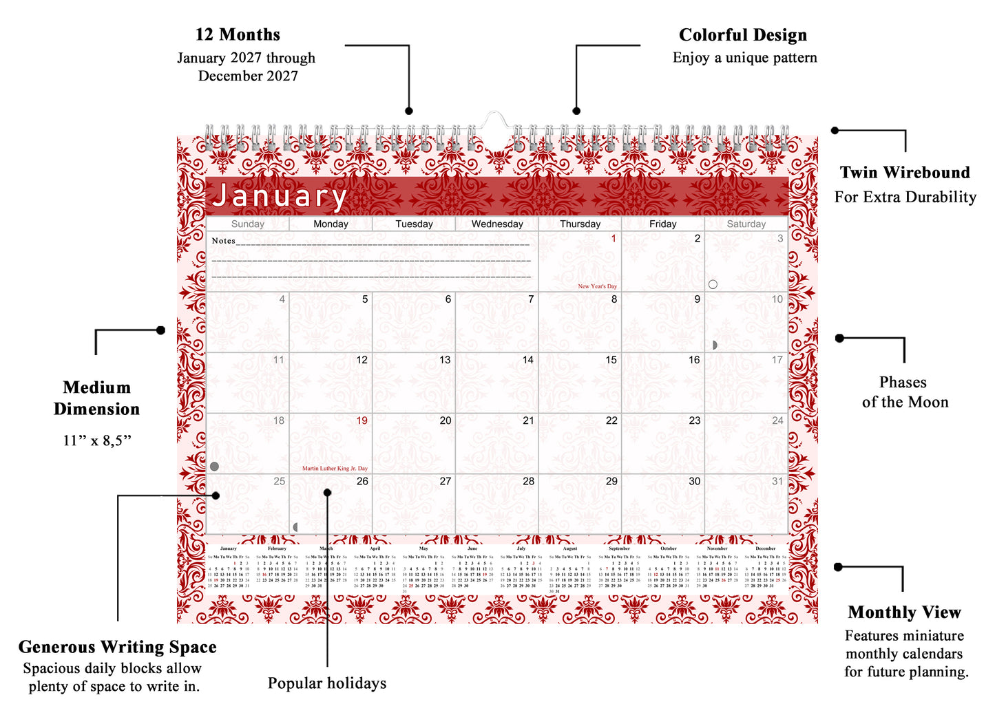 2026-2027 Monthly Spiral-Bound Wall / Desk Calendar - Desktop / Wall Blotter Calendar / Planner - (Edition #05)