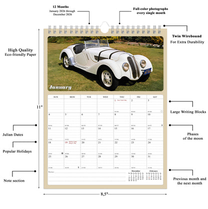2026 Wall Calendar Spiral-bound Twin-Wire Binding - 12 Months Planner - Large Ruled Blocks with Julian Dates - (Classic Cars)