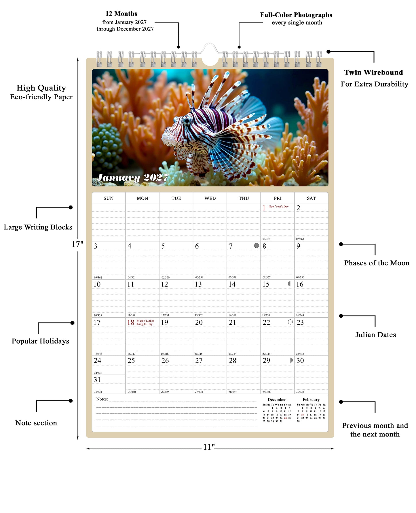 2027 Wall Calendar Spiral-bound Twin-Wire Binding - 12 Months Planner - Large Ruled Blocks with Julian Dates - (Tropical Fishes)