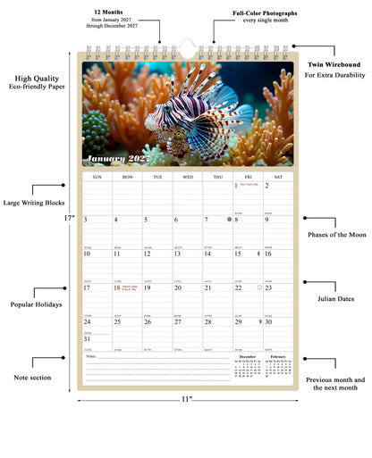 2027 Wall Calendar Spiral-bound Twin-Wire Binding - 12 Months Planner - Large Ruled Blocks with Julian Dates - (Tropical Fishes)