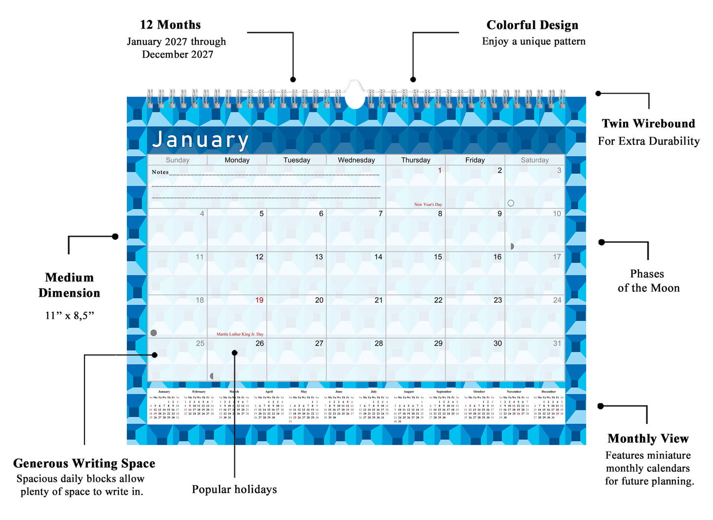 2026-2027 Monthly Spiral-Bound Wall / Desk Calendar - Desktop / Wall Blotter Calendar / Planner - (Edition #03)