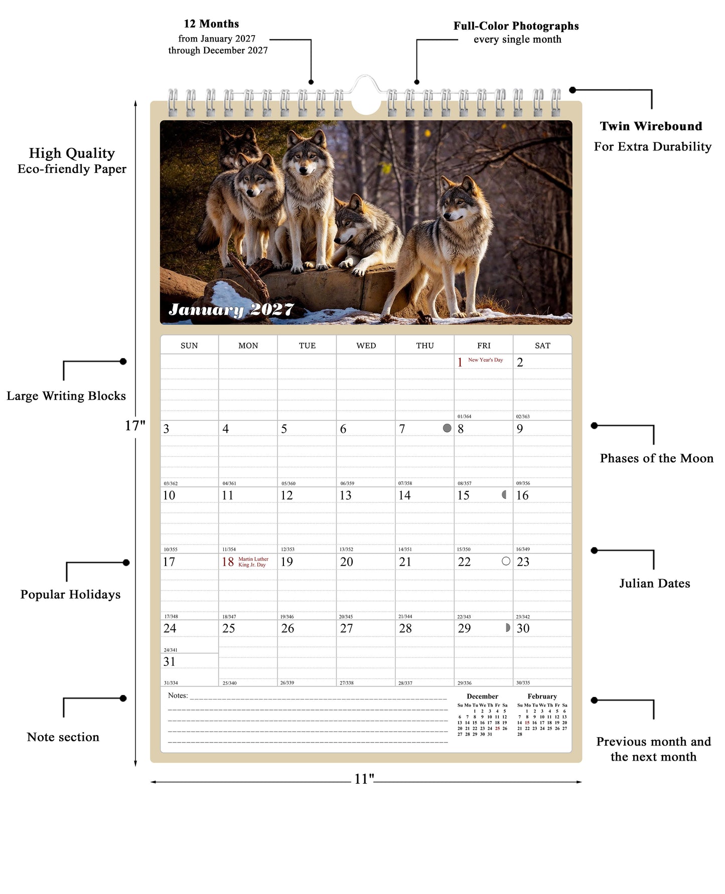 2027 Wall Calendar Spiral-bound Twin-Wire Binding - 12 Months Planner - Large Ruled Blocks with Julian Dates - (Woolfs)