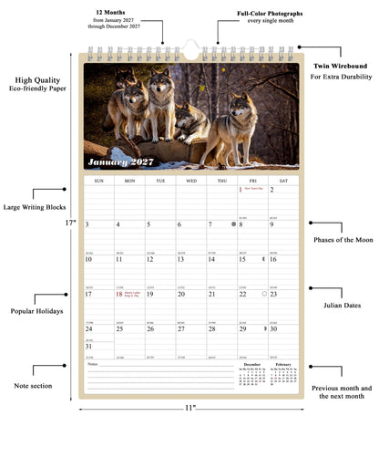 2027 Wall Calendar Spiral-bound Twin-Wire Binding - 12 Months Planner - Large Ruled Blocks with Julian Dates - (Woolfs)