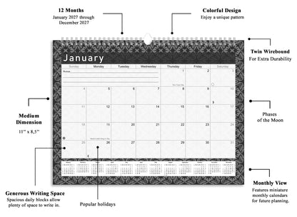 2026-2027 Monthly Spiral-Bound Wall/Desk Calendar - Desktop/Wall Blotter Calendar/Planner - (Edition B&W #017)