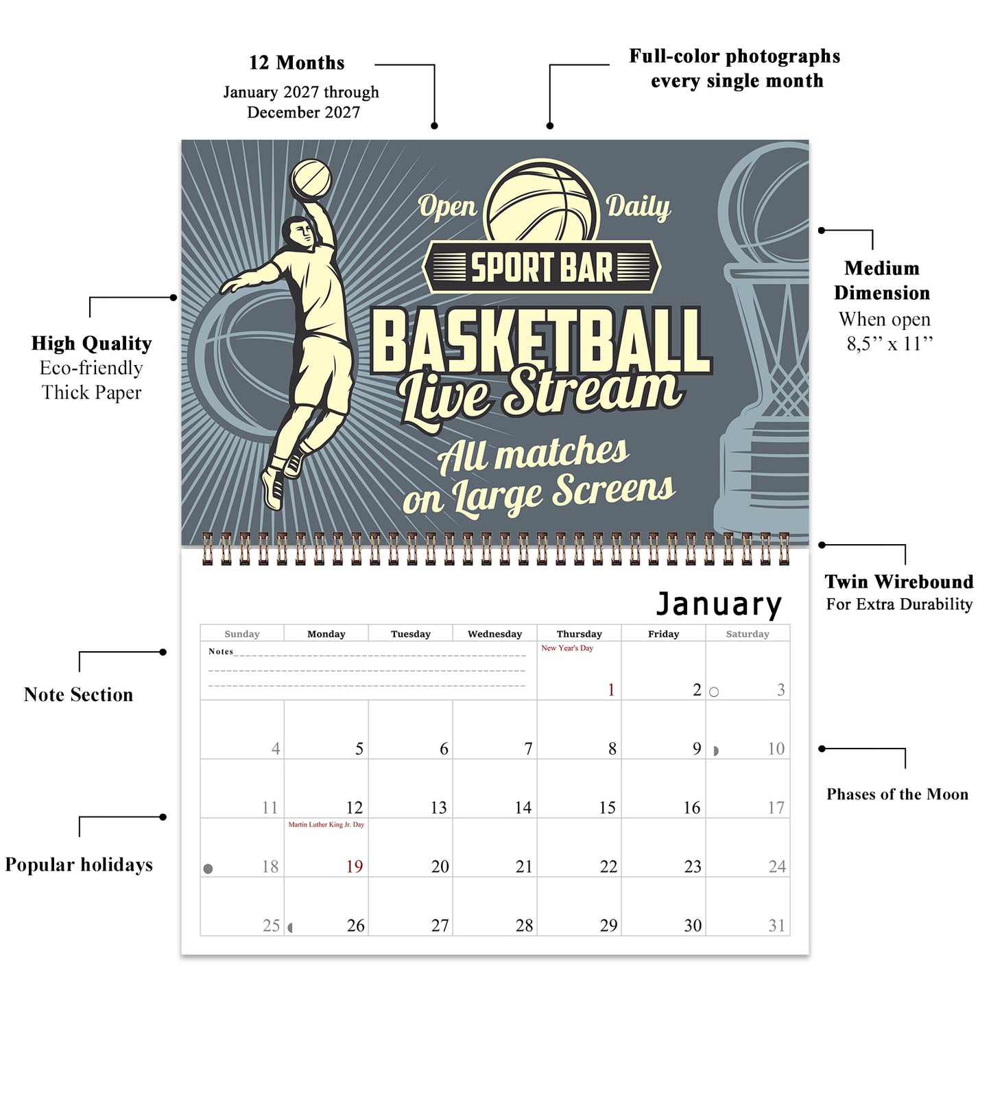 2027 Spiral-bound Wall Calendar (Basketball) - 12 Months Desktop/Wall Calendar/Planner (Copy)