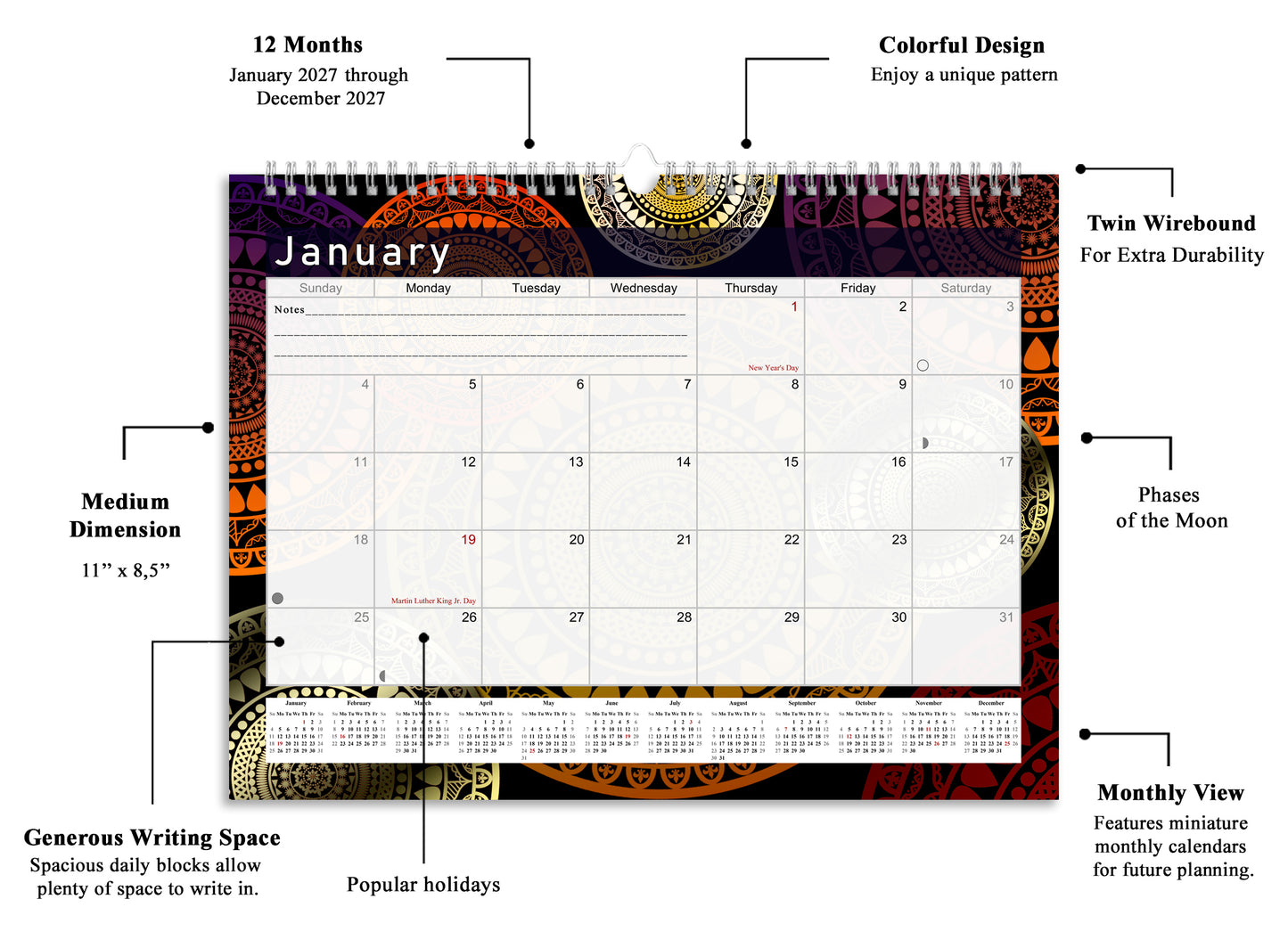 2026-2027 Monthly Spiral-Bound Wall / Desk Calendar - Desktop / Wall Blotter Calendar / Planner - (Edition #12)