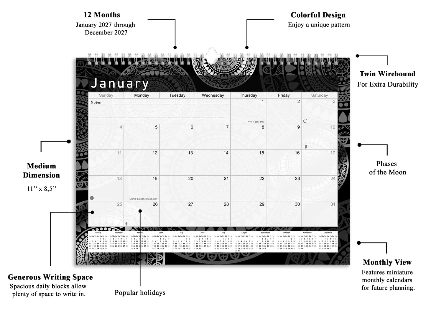 2026-2027 Monthly Spiral-Bound Wall/Desk Calendar - Desktop/Wall Blotter Calendar/Planner - (Edition B&W #012)