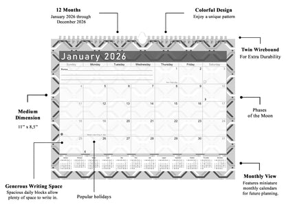 2025-2026 Monthly Spiral-Bound Wall/Desk Calendar - Desktop/Wall Blotter Calendar/Planner - (Edition Geometric B&W #04)