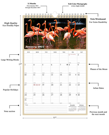 2027 Wall Calendar Spiral-bound Twin-Wire Binding - 12 Months Planner - Large Ruled Blocks with Julian Dates - (Birds)