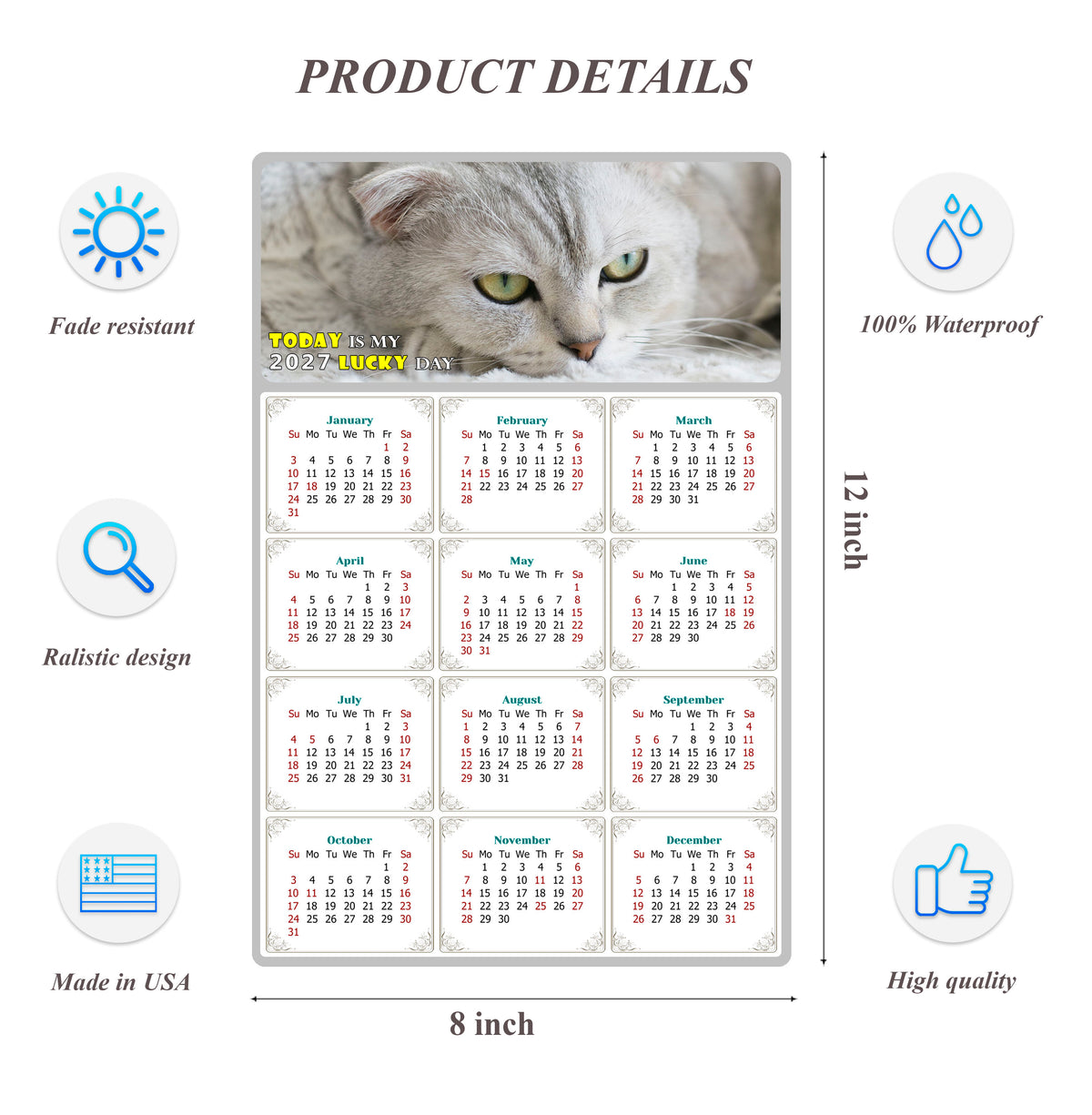2027 Peel & Stick Calendar - Today is my Lucky Day Removable - Cat 01 (12"x 8")