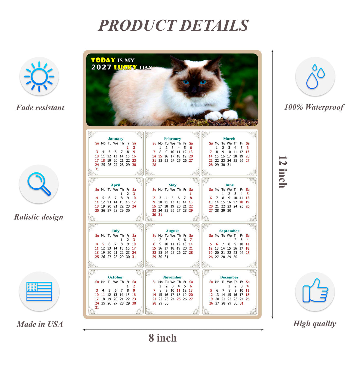2027 Peel & Stick Calendar - Today is my Lucky Day Removable - Cat 02 (12"x 8")