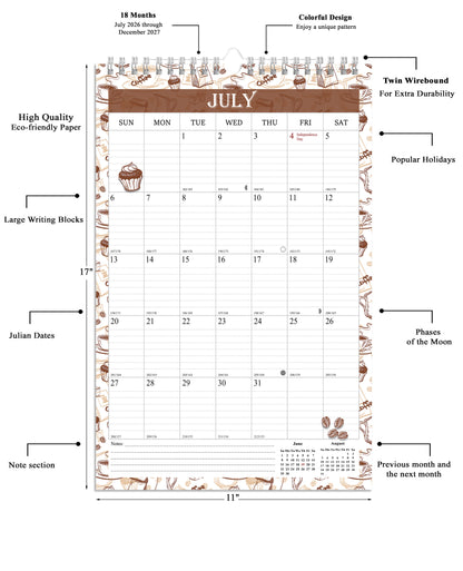 2026-2027 Wall Calendar Spiral-bound Twin-Wire Binding - 18 Months 11" x 17" 010