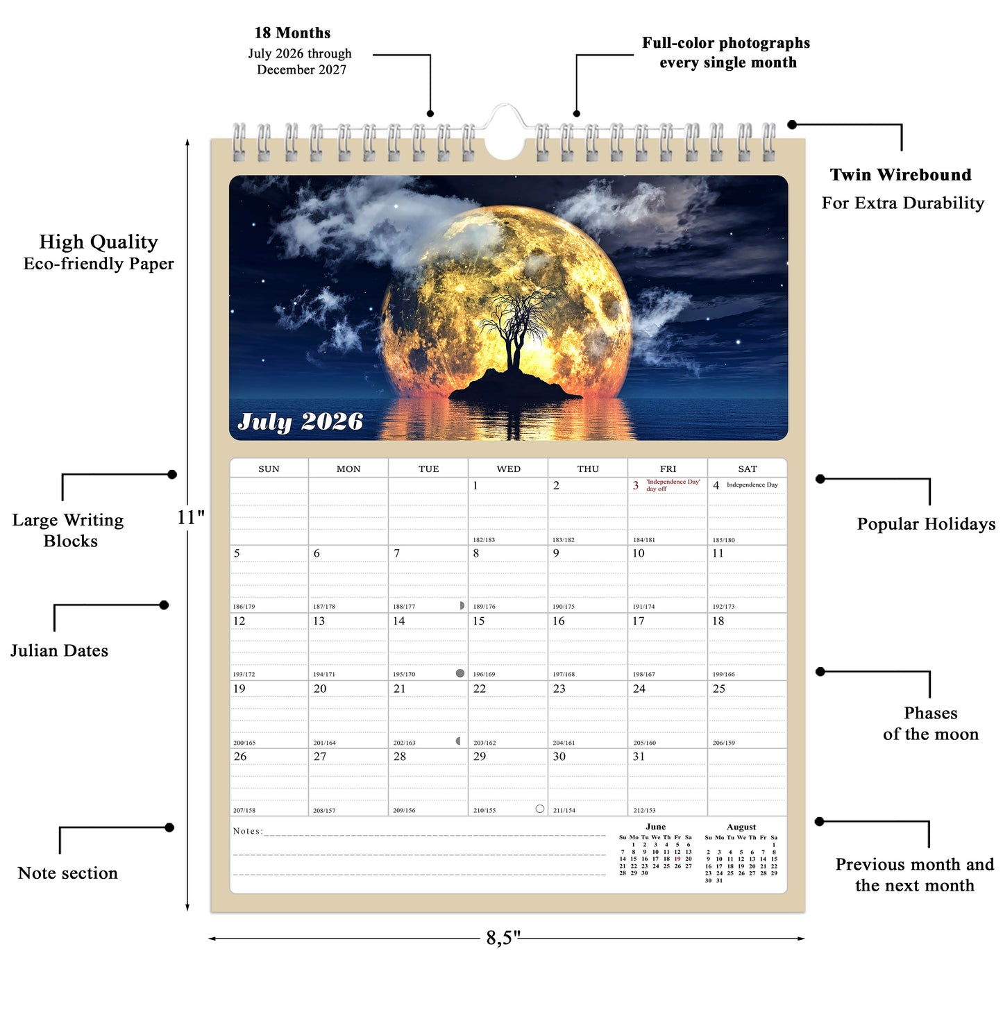 2026 - 2027 Calendar Magnetic Peel & Stick 18 Months 8.5" x 11" Lunar