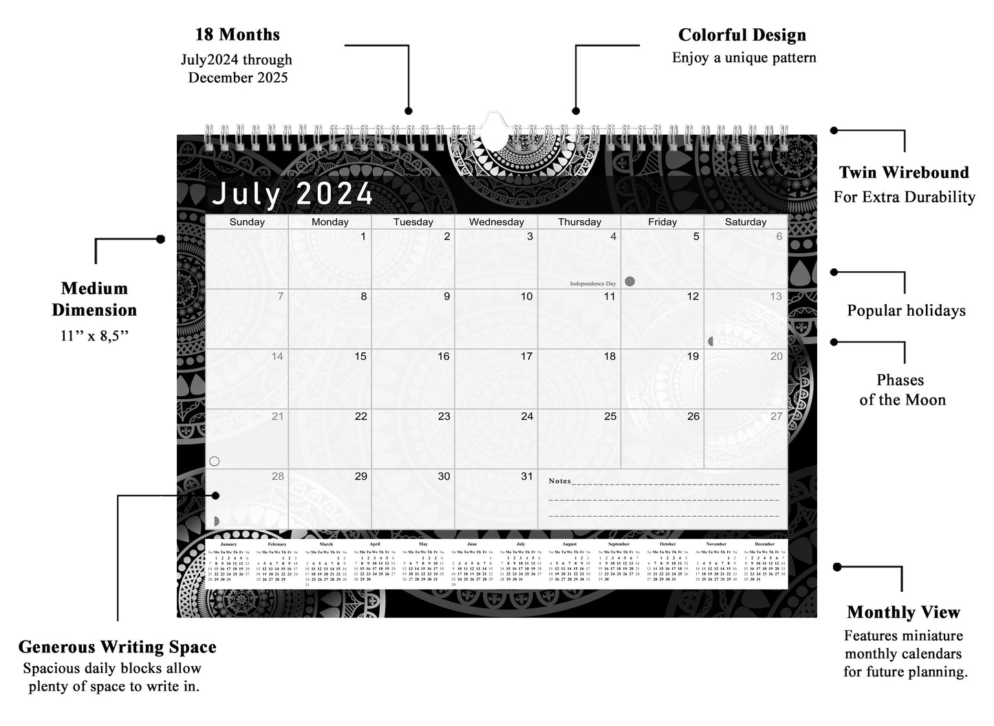 2024-2025 Monthly Spiral-Bound Wall/Desk Calendar - Desktop/Wall Blotter Calendar/Planner - (Edition B&W #012)