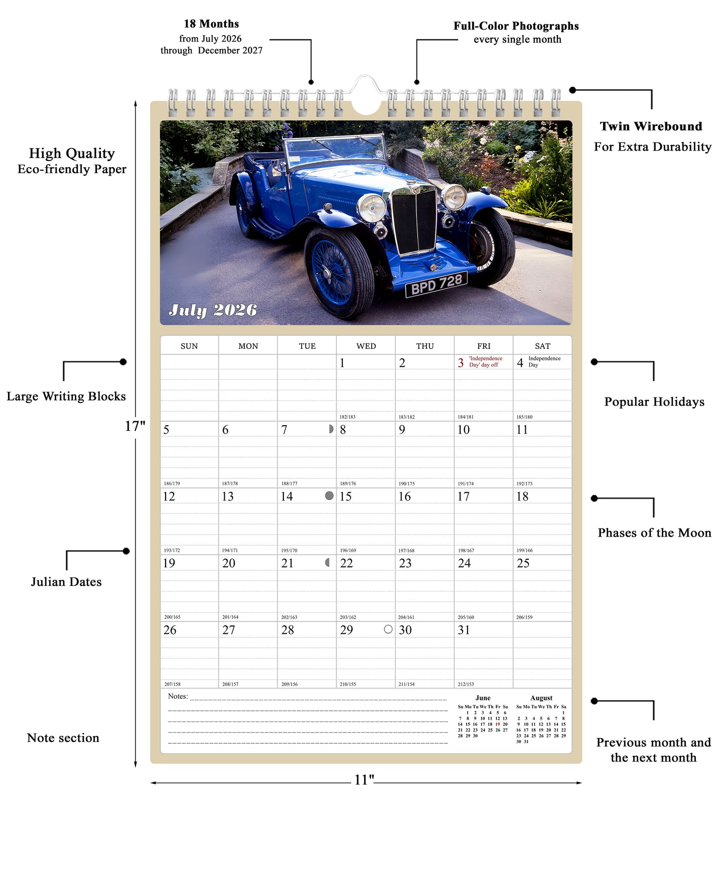 2026 - 2027 Wall Calendar Spiral-bound Twin-Wire Binding - 18 Months Planner - Large Ruled Blocks with Julian Dates - (Classic Cars)
