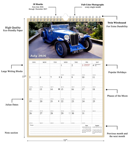 2026 - 2027 Wall Calendar Spiral-bound Twin-Wire Binding - 18 Months Planner - Large Ruled Blocks with Julian Dates - (Classic Cars)