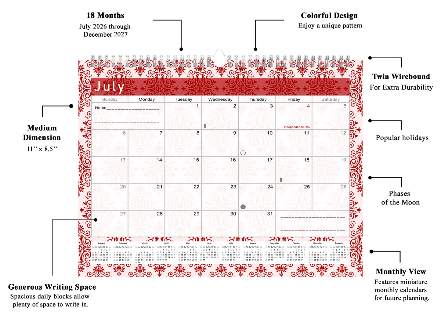 2026-2027 Monthly Spiral-Bound Wall / Desk Calendar - Desktop / Wall Blotter Calendar / Planner - (Edition #05)