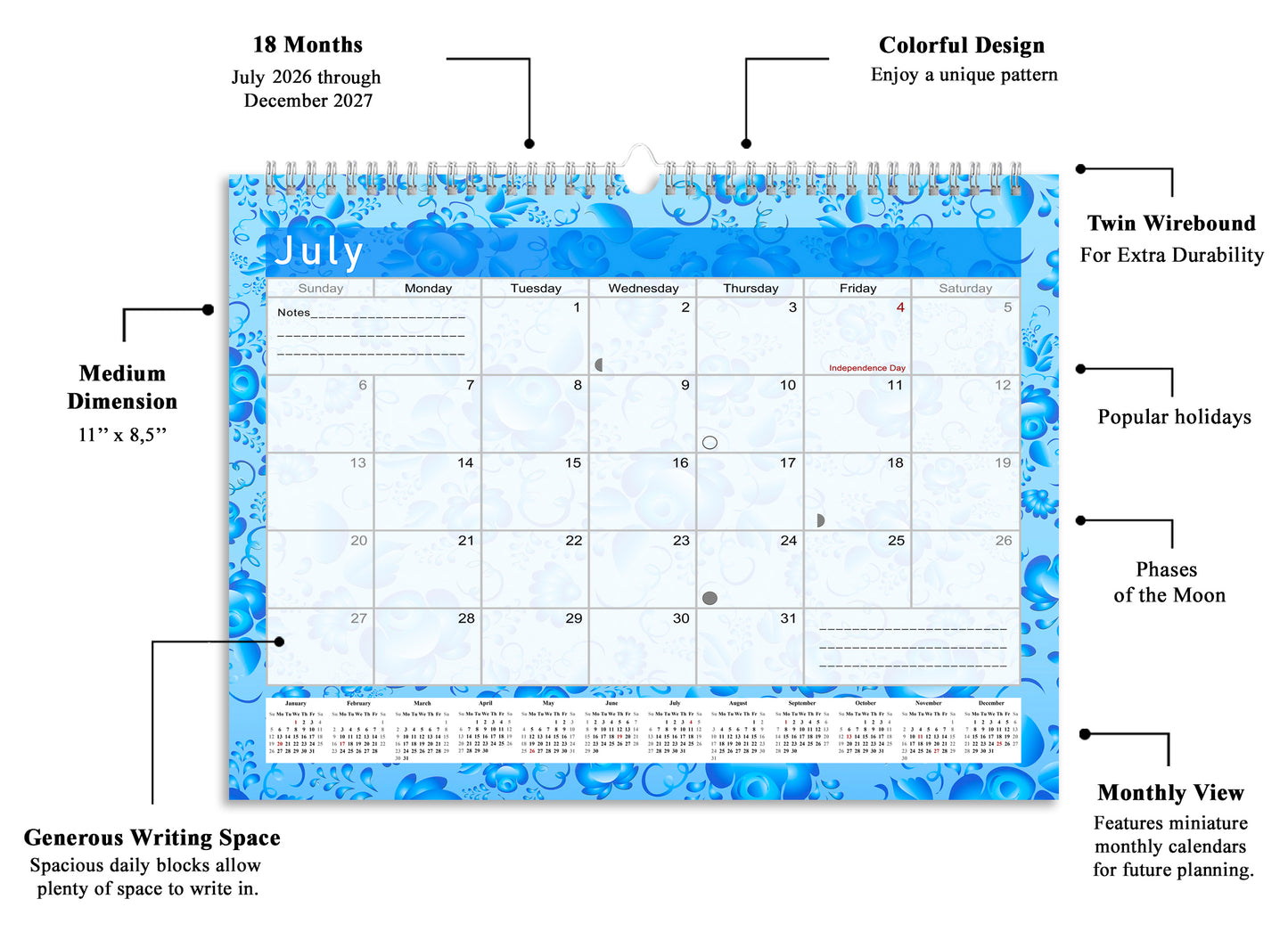 2026-2027 Monthly Spiral-Bound Wall / Desk Calendar - Desktop / Wall Blotter Calendar / Planner - (Edition #19)