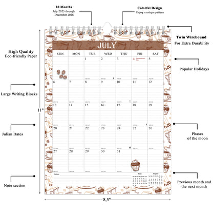 2025-2026 Wall Calendar Spiral-bound Twin-Wire Binding - 18 Months 8.5" x 11" 010