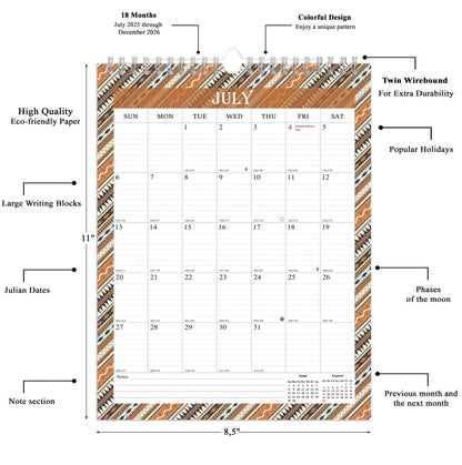 2025-2026 Wall Calendar Spiral-bound Twin-Wire Binding - 18 Months 8.5" x 11" 011